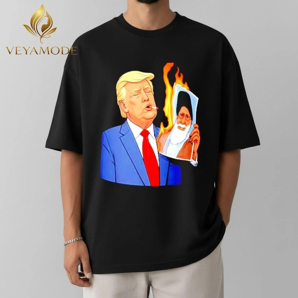 Donald Trump smoking US vs Iran fire Ali Khamenei photo tee Unisex , , , Long Sleeve Tee