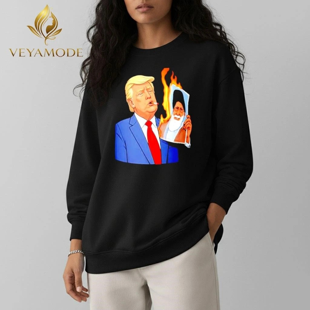 Donald Trump smoking US vs Iran fire Ali Khamenei photo tee Unisex , , , Long Sleeve Tee