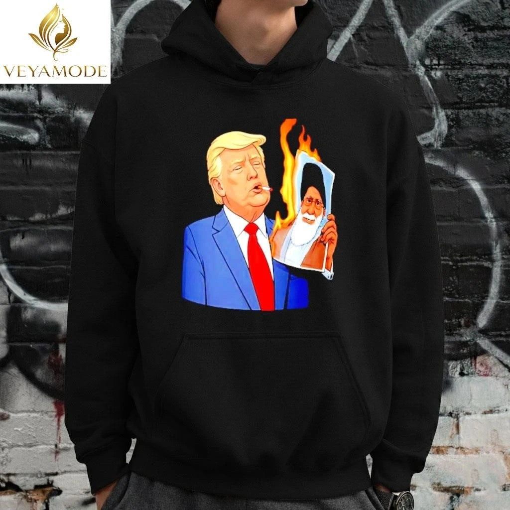 Donald Trump smoking US vs Iran fire Ali Khamenei photo tee Unisex , , , Long Sleeve Tee