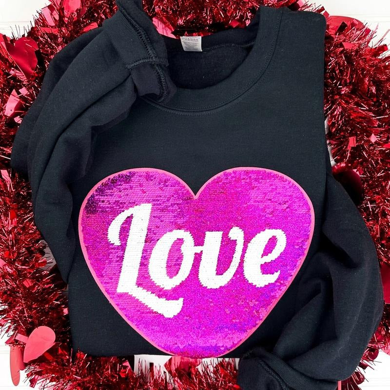 Flip Sequin Heart Patch BLACK T-Shirts