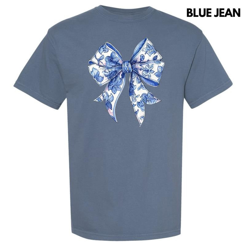 Floral Blue Big Bow Comfort Colors 'NLB' T-Shirts