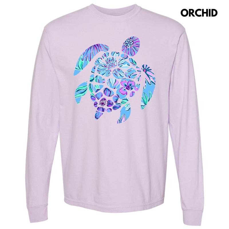 Floral Sea Turtle Long Sleeve Comfort Colors 'NLB' T-Shirts