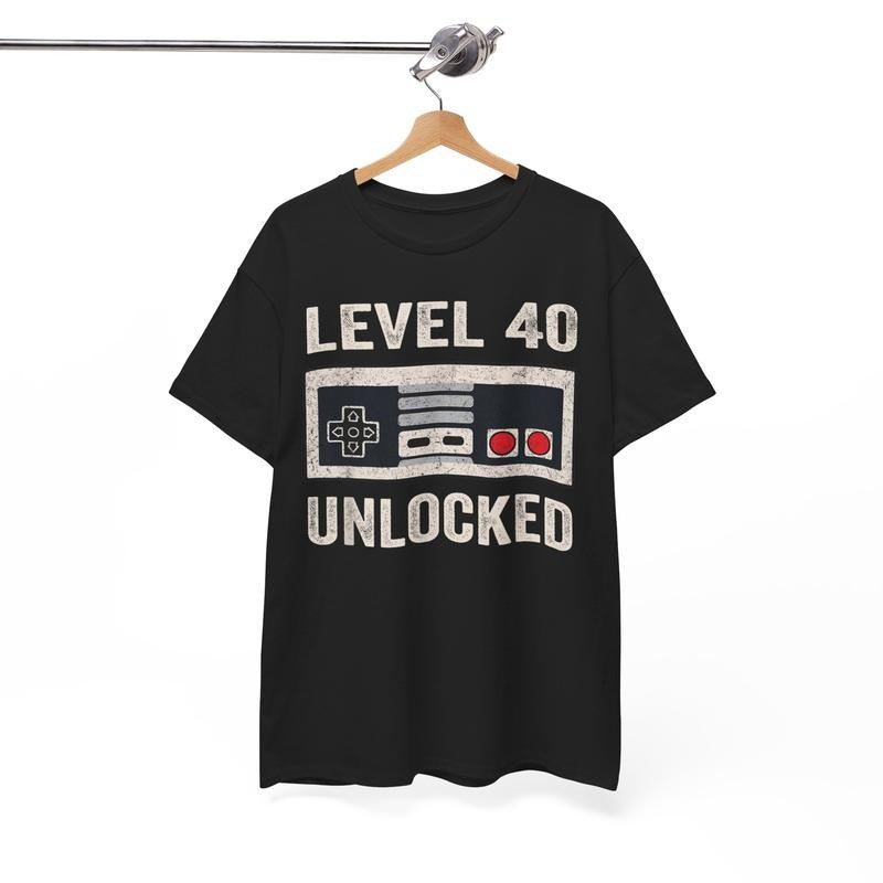 Funny Shirts Level 40 Unlocked Video Gamer 40th Menswear Casual Cotton Classic Fabric Top T-Shirts
