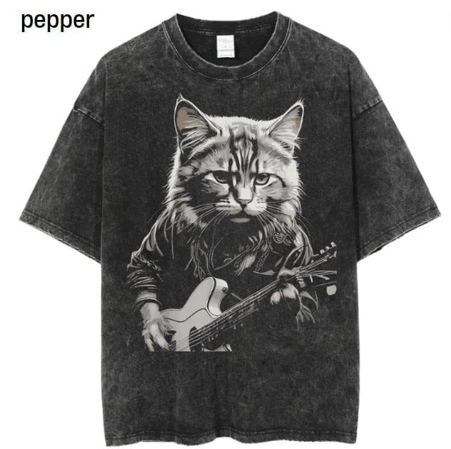 Funny Guitar Cat Rock Cat Playing Guitar Music Cute Cat Rock Cat Playing Guitar Vintage Shirt Retro Funny Guitar Cat Cat Lovers Rock Lovers Funny T-Shirts