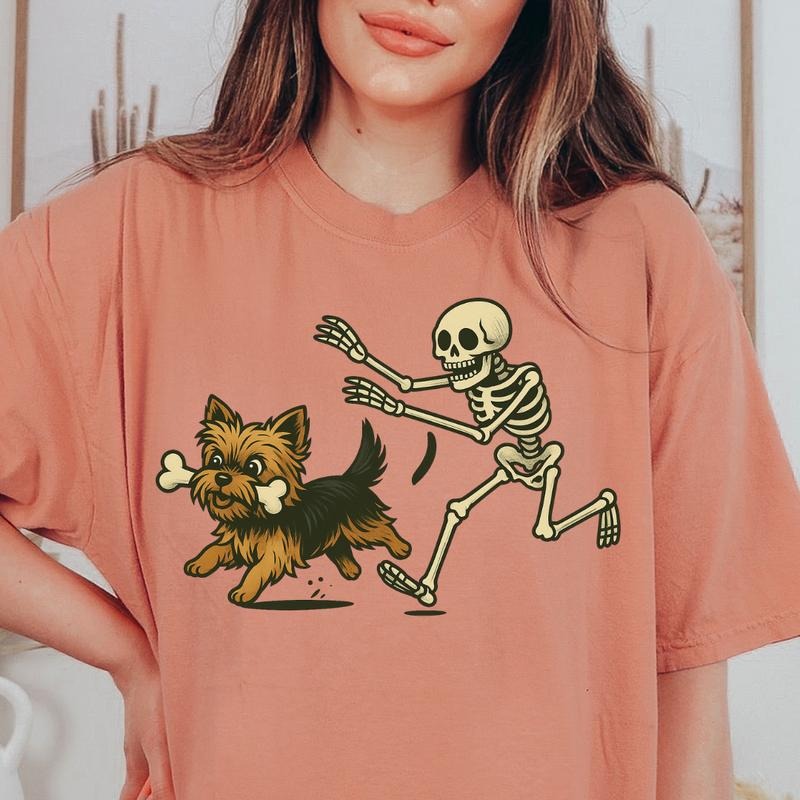 Funny Skeleton Chasing Yorkie Dog Halloween Spooky Comfort Colors T-Shirts