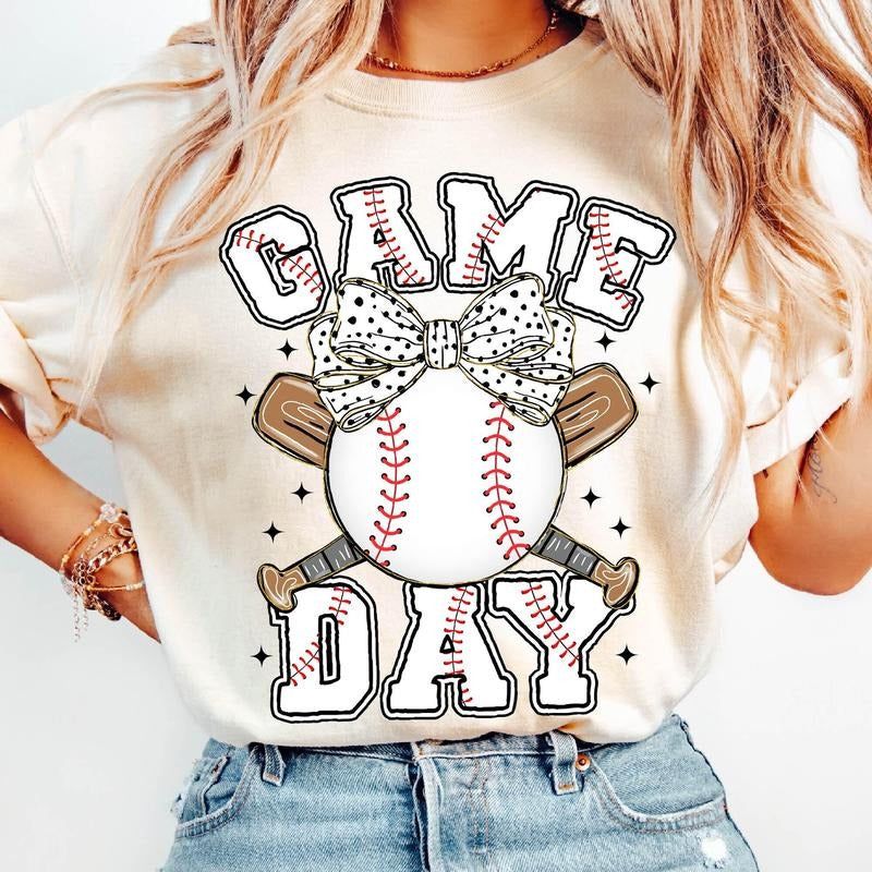 Game Day Baseball Coquette Brushstroke Baseball Coquette Tis Season Baseball Bow Baseball Mama Baseball Mom T-Shirts