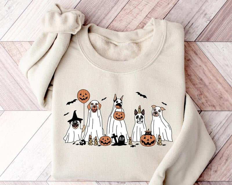 Ghost Dog 2024 Halloween Long Sleeve Retro Spooky Season Bestie Wetsuit Menswear Tops T-Shirts