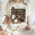 Ghost Reading Book Halloween Bookshelf Ghostly Bookish Black Cat Book Cute Ghost Book Cotton T-Shirts