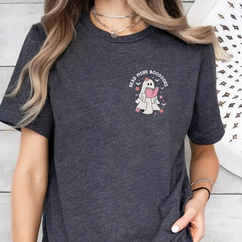 Ghost Reading Books Shirt Bookish Halloween Shirt Teacher Librarian Halloween Flower Ghost Bookish Shirt Halloween Book Lover Halloween School Halloween Fall Season T-Shirts