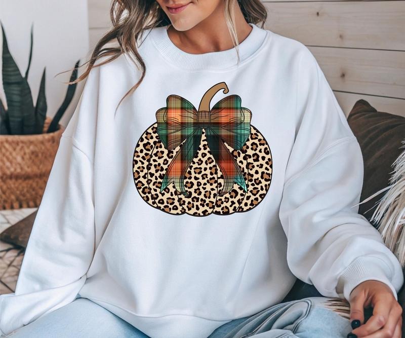 Gildan Cheetah Plaid Pumpkin Long Sleeve Comfortable Casual Chic Everyday Statement Bow Detail T-Shirts