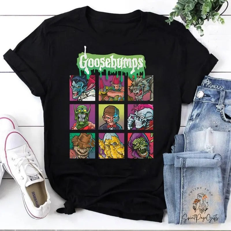 Goosebumps 90s Movie Vintage Shirt Land Characters Slappy Will Blake Carly Beth Caldwell Haunted Mask Fan Halloween Spooky Season Shirt T-Shirts