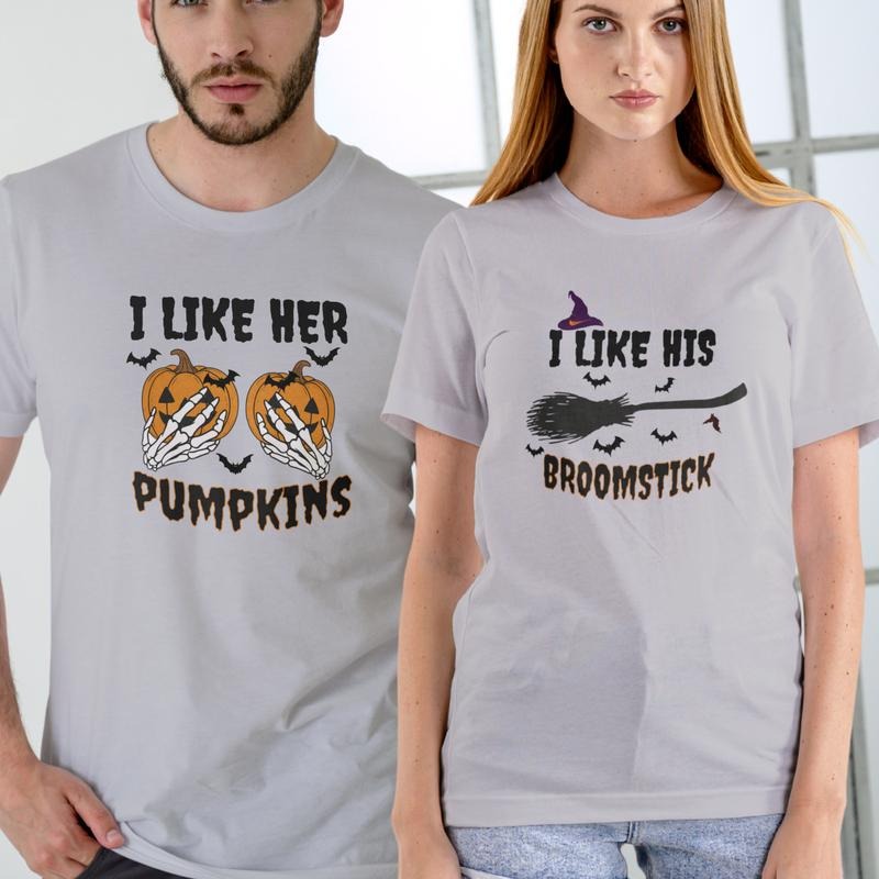 Halloween Couples Shirts I Like Her Pumpkins & I Like His Broomstick Funny Cotton Spooky Fun T-Shirts