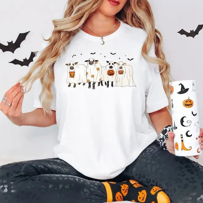 Halloween Ghost Cows Halloween Ghost Shirt Cow Lover Fall Shirt Halloween Funny Halloween T-Shirts