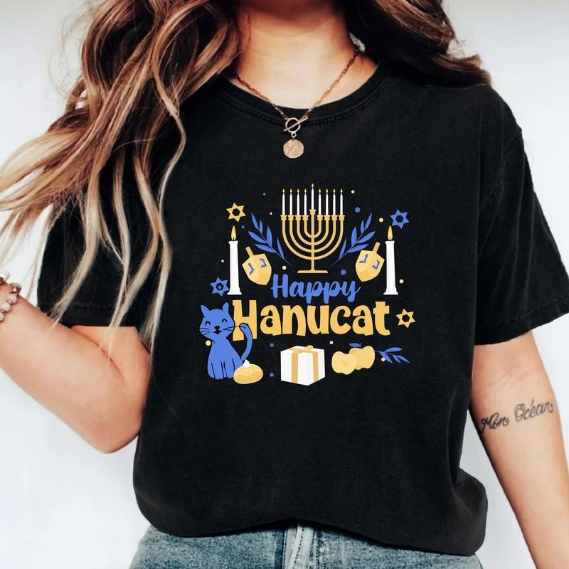 Happy Hanucat Matching Jewish Family Shirt Hanukkah Menorah Shirt Mother Cat Lover Hanukkah T-Shirts
