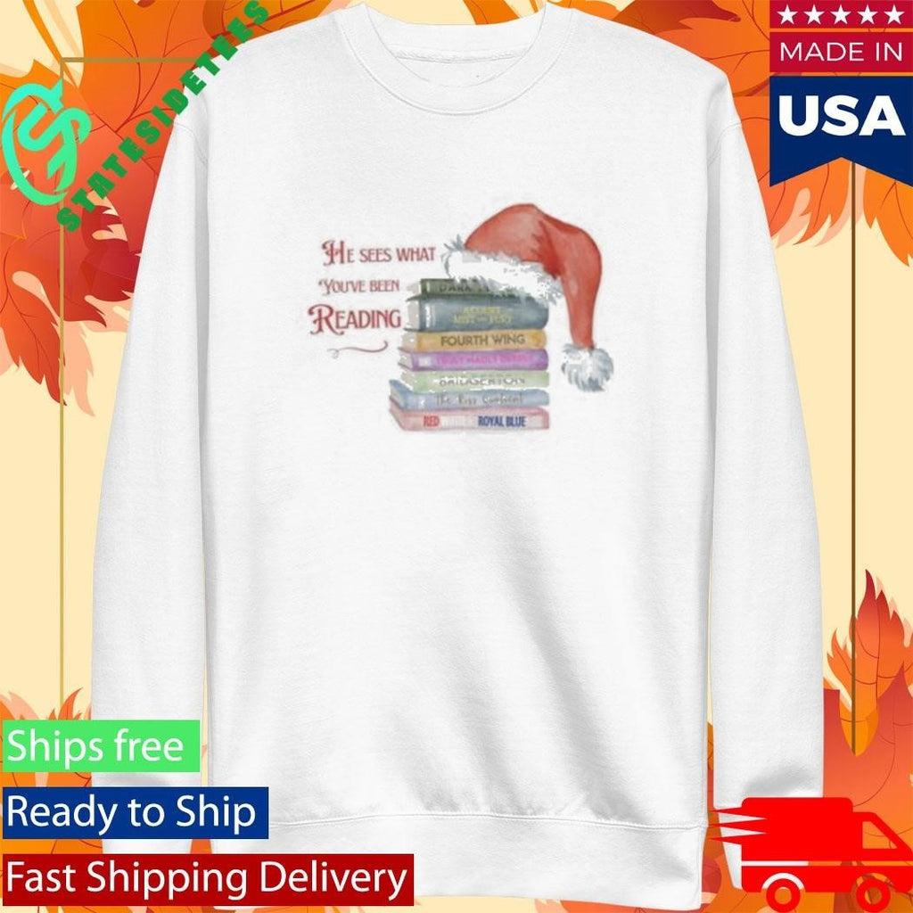 He Sees What You’ve Been Reading Spicy Santa Silent Book Shirt Unisex , , , Long Sleeve Tee