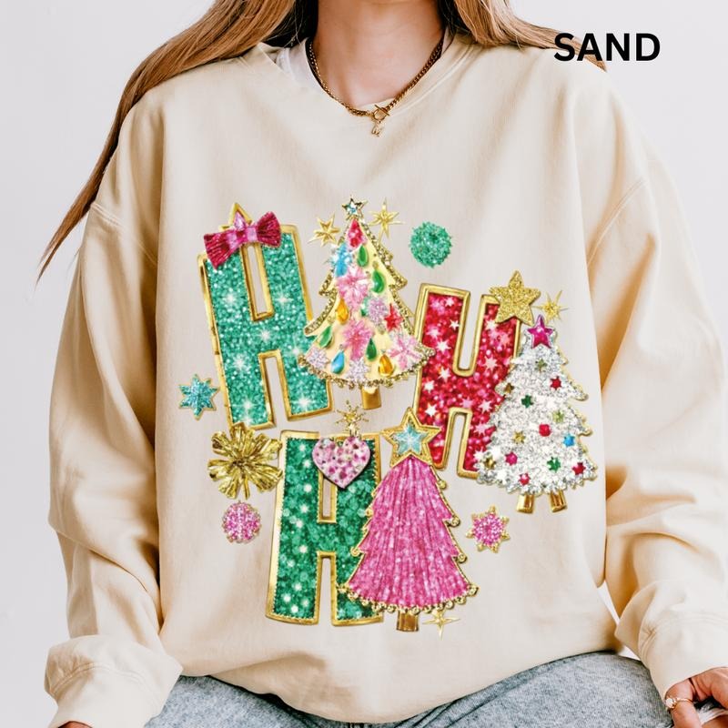 Ho Ho Ho Tree Faux Glitter Winter Casual Cotton Polyester Comfort Menswear Womenswear T-Shirts