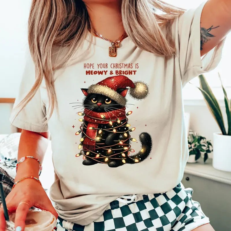 Hope Your Is Meowy Bright Lights Merry Cat Shirts Funny T-Shirts