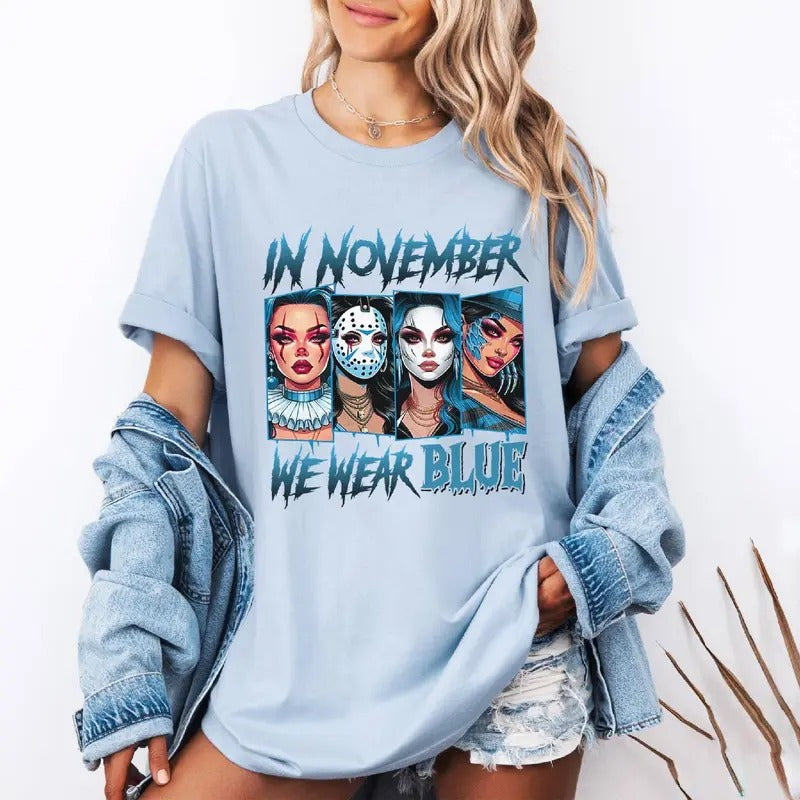 November We Blue Shirt Girl Halloween Character Diabetes Awareness Diabetes Awareness Month Shirt T-Shirts