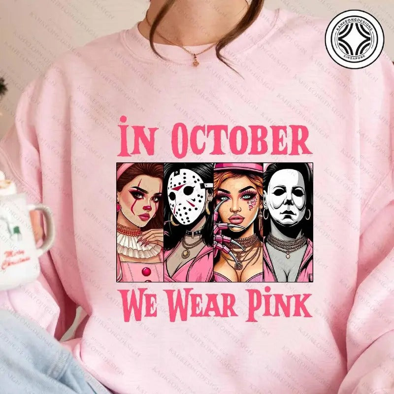 October We Pink Shirt October We Pink Halloween Characters Movies Shirt Breast Cancer Month Halloween T-Shirts
