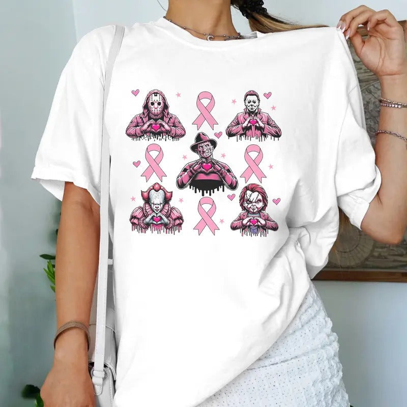 October We Pink Shirt Michael Myers Jason Voorhees Pink Halloween Coquette Breast Cancer Month Halloween Top Womenswear T-Shirts
