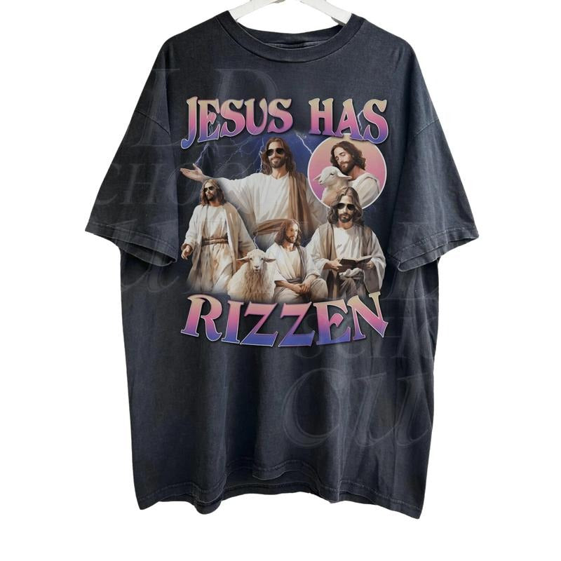 Jesus Has Rizzen Vintage Retro 90s Shirt Funny Shirts Distressed Cotton Shirt Bootleg Tropical Round Neck T-Shirts