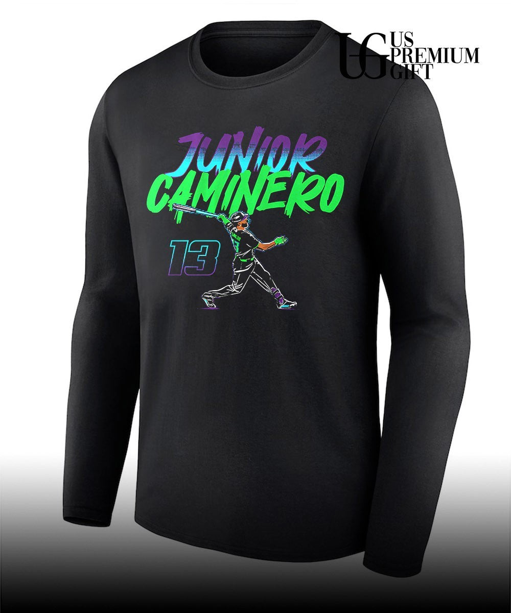 Junior Caminero Tampa Bay Rays baseball slugger swing number shirt