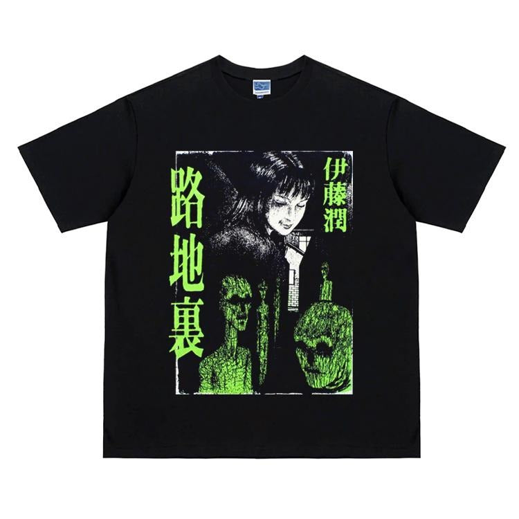 Junji Ito " Haunted Alley" Heavyweight Vintage 100% Cotton Anime Menswear Top Crew Necks Casual Streetwear Black Tropical T-Shirts