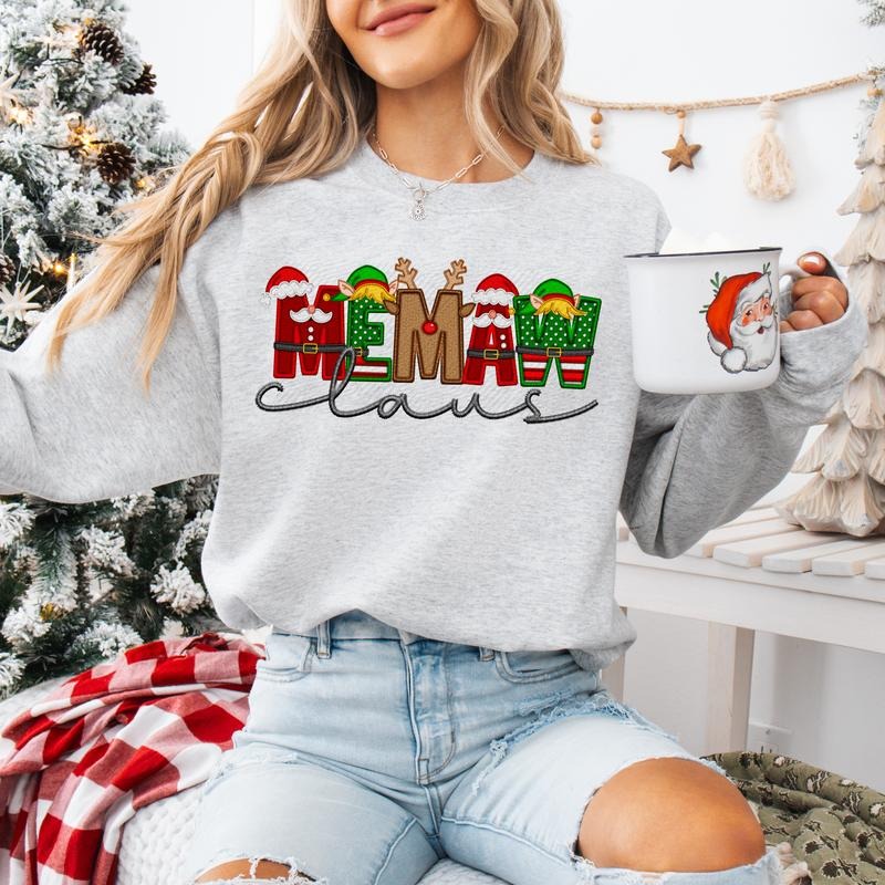 Memaw Claus Faux Embroidery T-Shirts