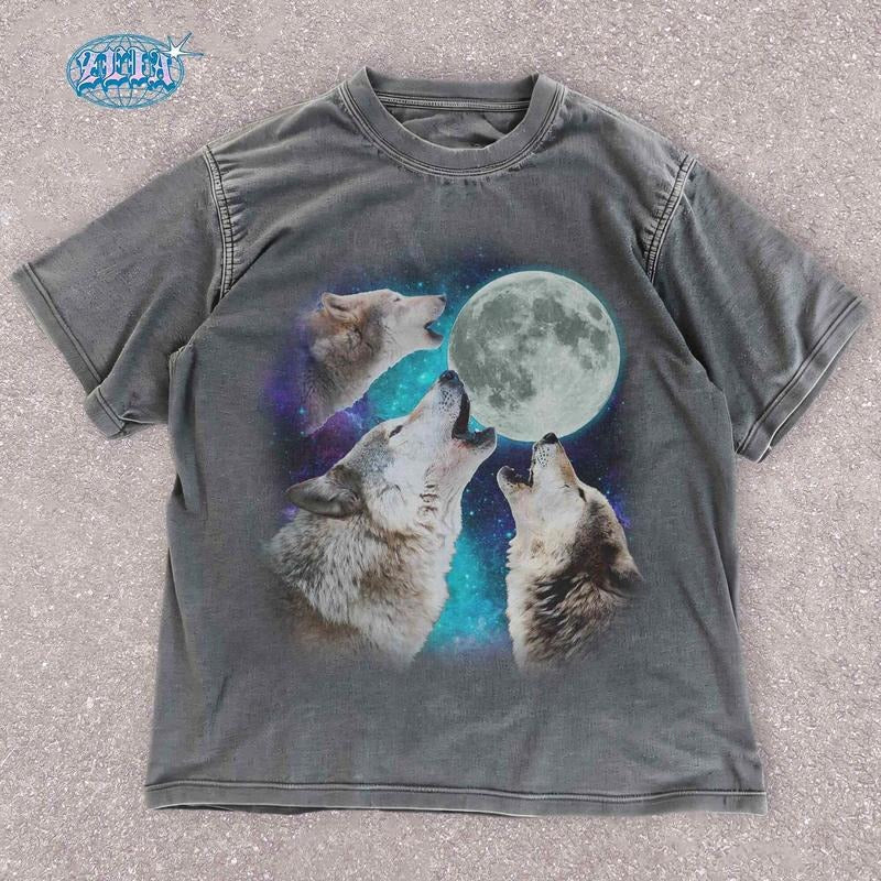 [ Mineral Wash ] Mystical Three Wolves Moon Washed Cosmic Nature Wildlife Celestial Wolf Howling Wolf Shirt Animal Lovers T-Shirts