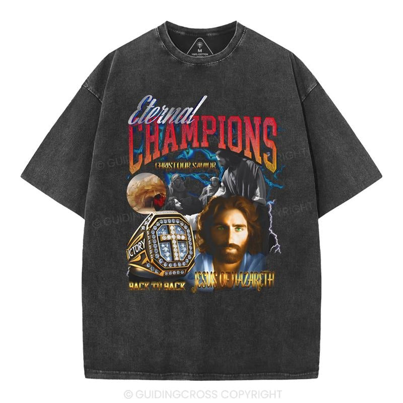 [Mineral Wash Shirt] Eternal Champion Jesus Christian Washed Shirt Jesus Shirt Casual T-Shirts