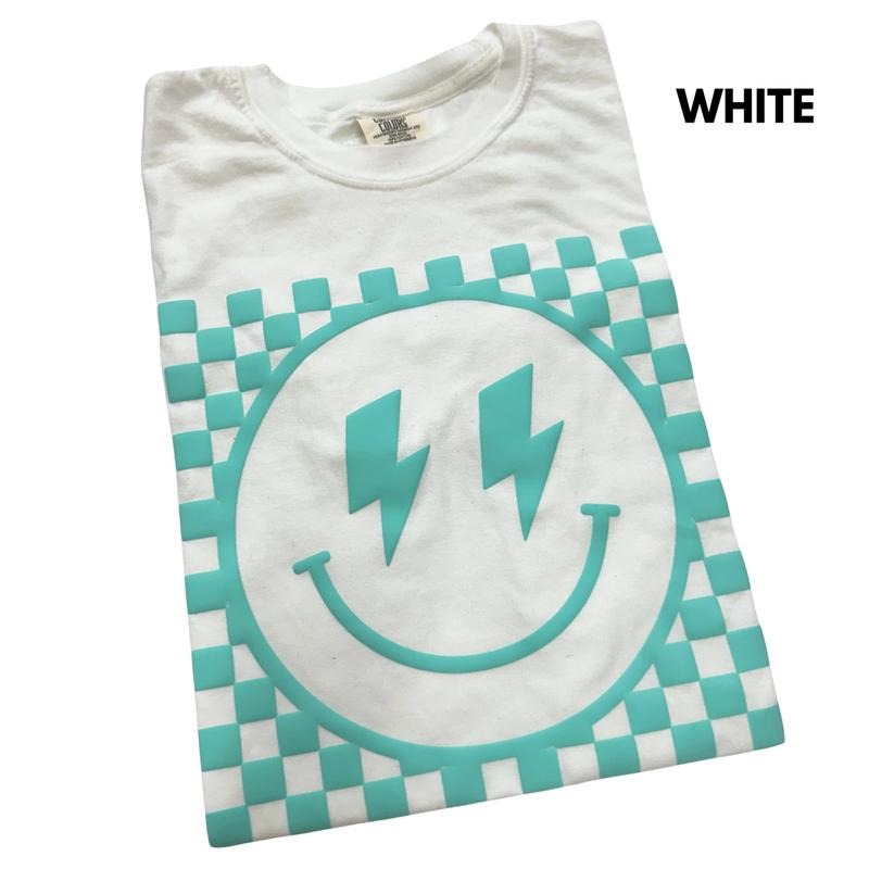 Mint Puff Checkered Happy Face Comfort Colors T-Shirts