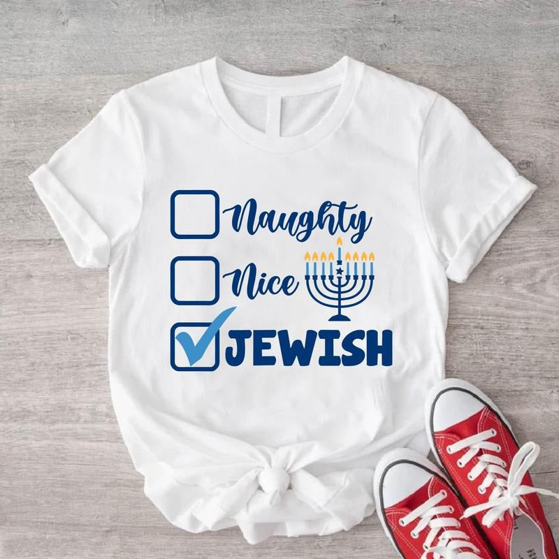 Naughty Nice Jewish Shirt Funny Hanukkah Shirt Menorah Candle Jewish Short Sleeve Religious Saying T-Shirts