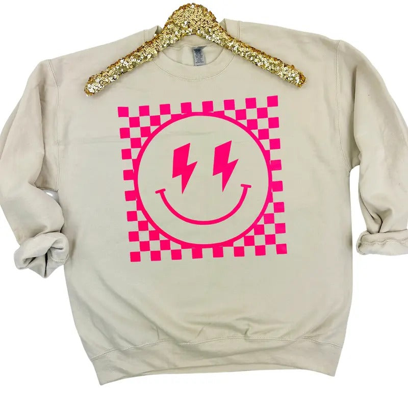Neon Pink Checkered Happy Face T-Shirts