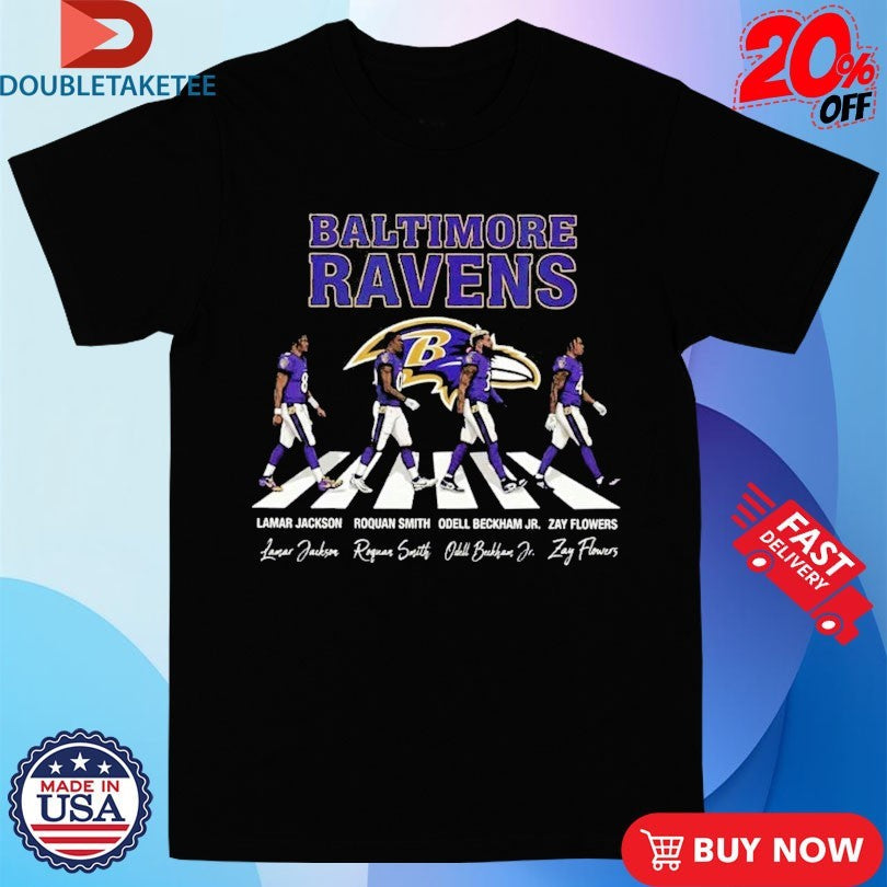 Official Baltimore Ravens Lamar Jackson Roquan Smith And Odell Beckham Jr Zay Flowers Abbey Road Walking Shirts