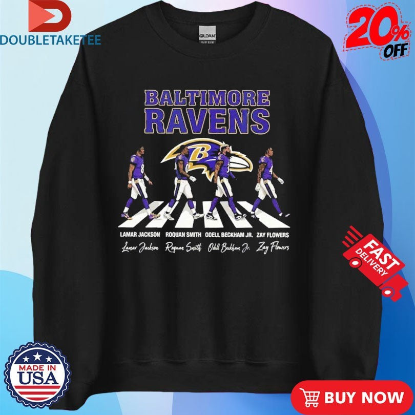Official Baltimore Ravens Lamar Jackson Roquan Smith And Odell Beckham Jr Zay Flowers Abbey Road Walking Shirts