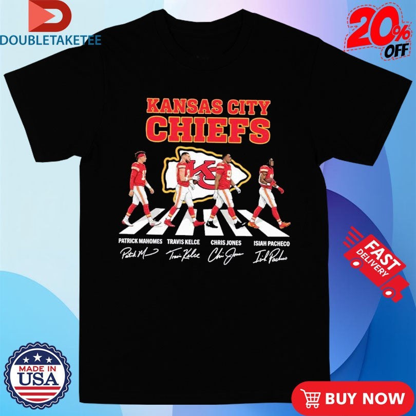 Official Kansas City Chiefs Walking Patrick Mahomes Travis Kelce And Chris Jones Isiah Pacheco Abbey Road Signature Shirts