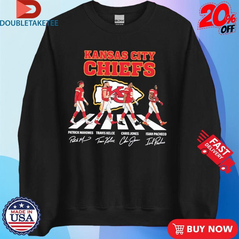 Official Kansas City Chiefs Walking Patrick Mahomes Travis Kelce And Chris Jones Isiah Pacheco Abbey Road Signature Shirts
