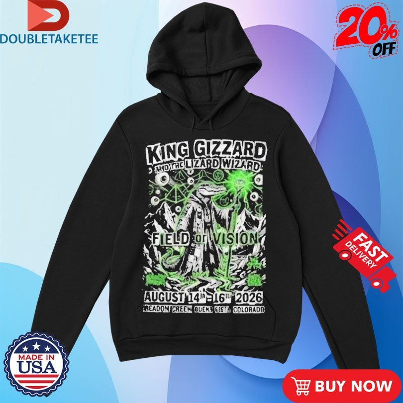 Official King Gizzard And The Lizard Wizard Of Vision August 14th 16th 2026 Meadow Creek Buena Vista Colorado Blood Incantation Die Spitz Earth Tongue Xerox Gator Shirts
