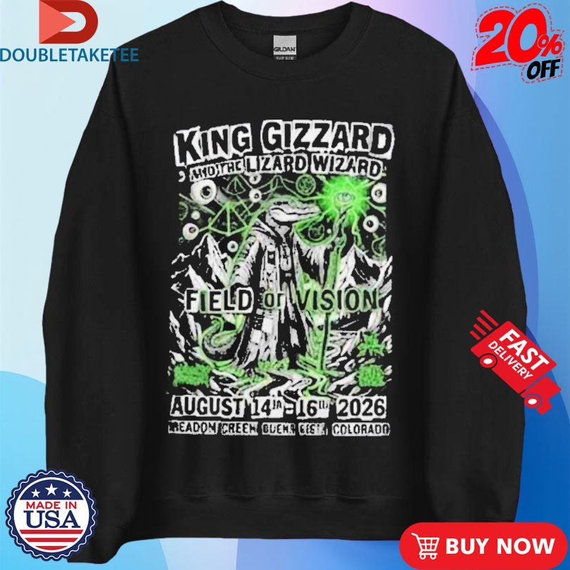 Official King Gizzard And The Lizard Wizard Of Vision August 14th 16th 2026 Meadow Creek Buena Vista Colorado Blood Incantation Die Spitz Earth Tongue Xerox Gator Shirts