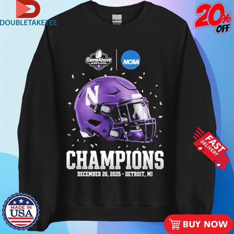 Official Northwestern Wildcats GameAbove Sports Bowl Champions Ford Field Detroit Michigan December 26 2025 Helmet Shirts
