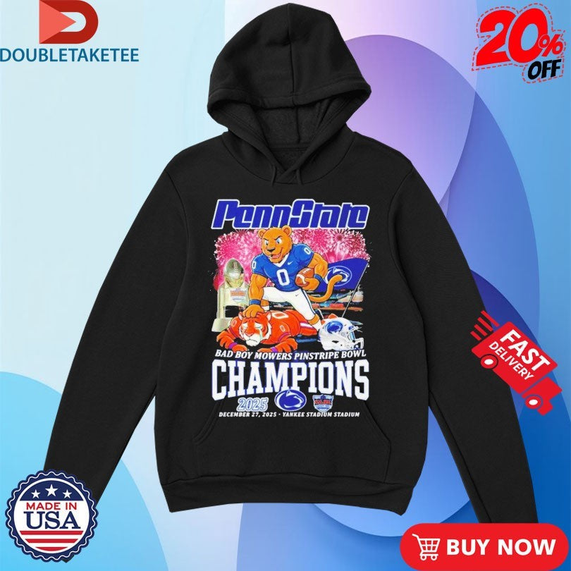 Official Penn State Nittany Lions Stomp Clemson Tigers 2025 Bad Boy Mowers Pinstripe Bowl Champions Mascot Shirts