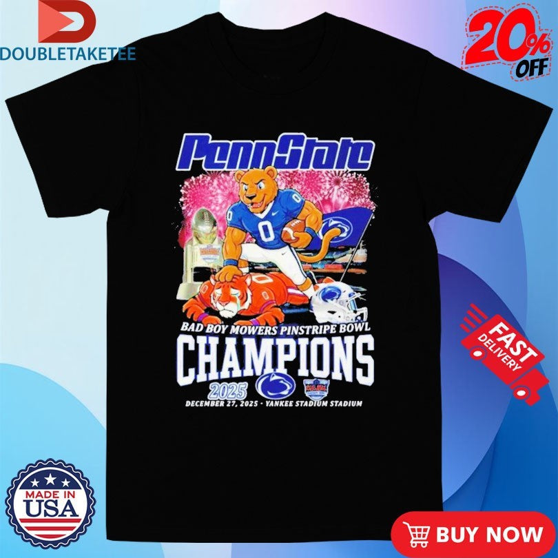 Official Penn State Nittany Lions Stomp Clemson Tigers 2025 Bad Boy Mowers Pinstripe Bowl Champions Mascot Shirts