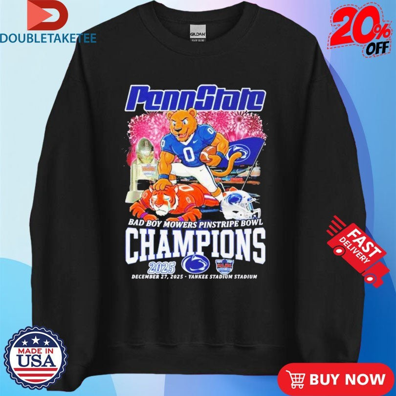 Official Penn State Nittany Lions Stomp Clemson Tigers 2025 Bad Boy Mowers Pinstripe Bowl Champions Mascot Shirts