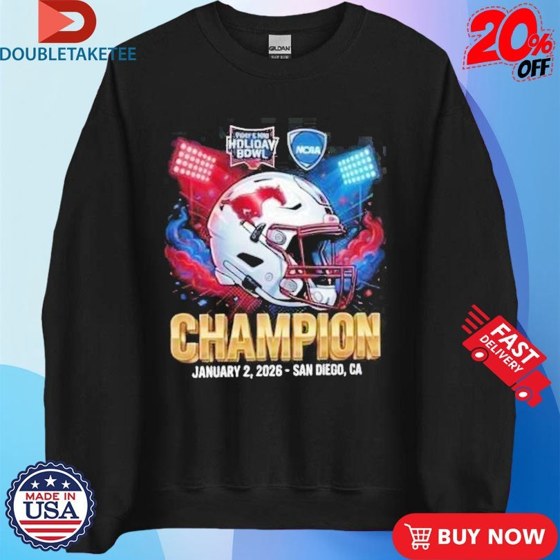 Official SMU Mustangs NCAA Trust &amp; Will Holiday Bowl Champion January 2 2026 Snapdragon Stadium San Diego CA Shirts