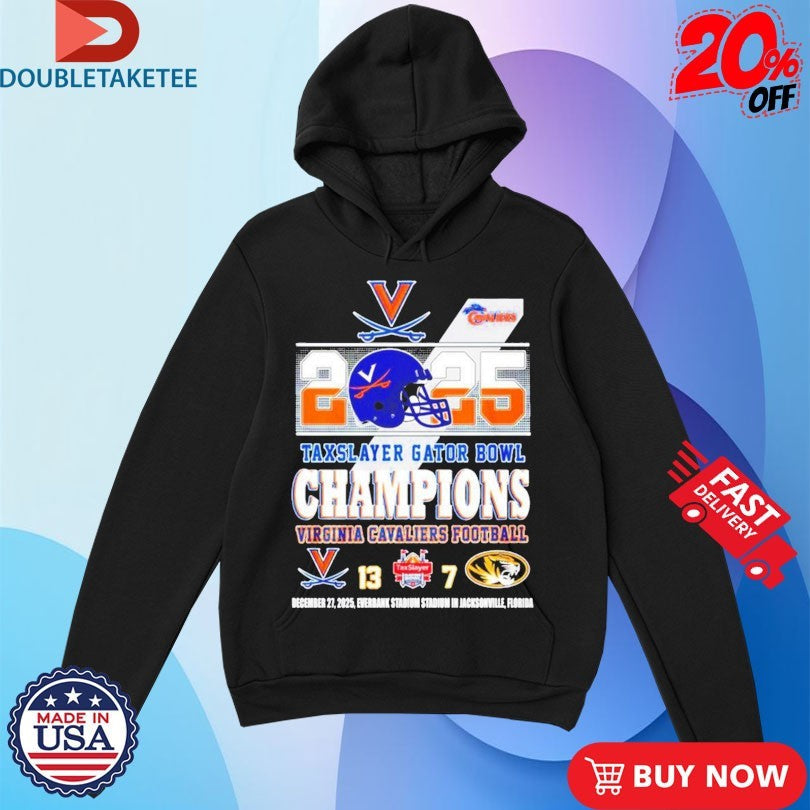 Official Virginia Cavaliers Football 2025 Taxslayer Gator Bowl Champions Score Helmet Shirts