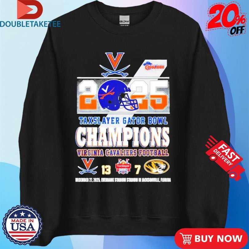 Official Virginia Cavaliers Football 2025 Taxslayer Gator Bowl Champions Score Helmet Shirts