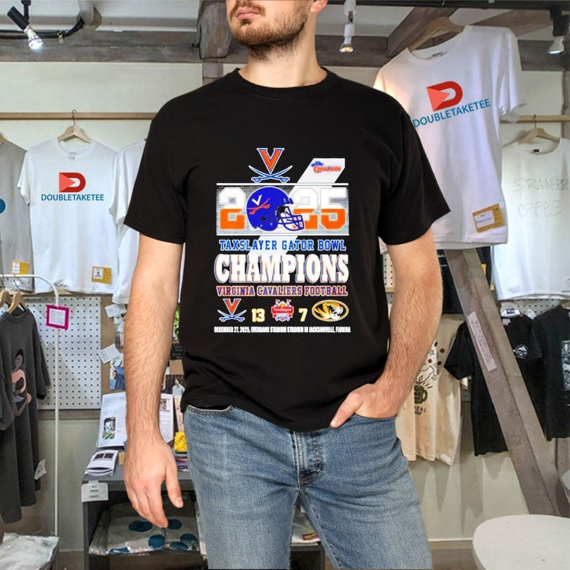 Official Virginia Cavaliers Football 2025 Taxslayer Gator Bowl Champions Score Helmet Shirts