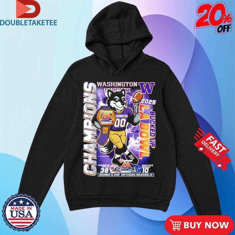 Official Washington Huskies Victory Boise State Broncos LA Bowl Champions 2025 Sofi Stadium Inglewood CA Mascot Shirts