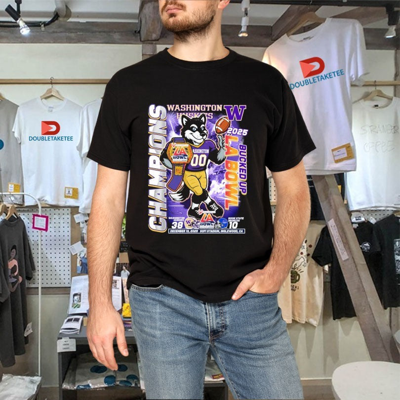 Official Washington Huskies Victory Boise State Broncos LA Bowl Champions 2025 Sofi Stadium Inglewood CA Mascot Shirts