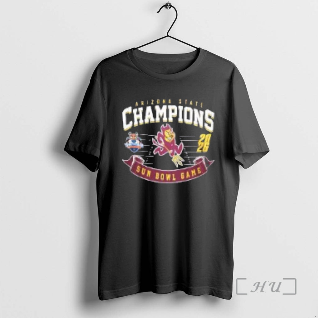 Officials Arizona State Sun Devils 2026 Sun Bowl Champions Mascot Two Sided Premium T Shirts